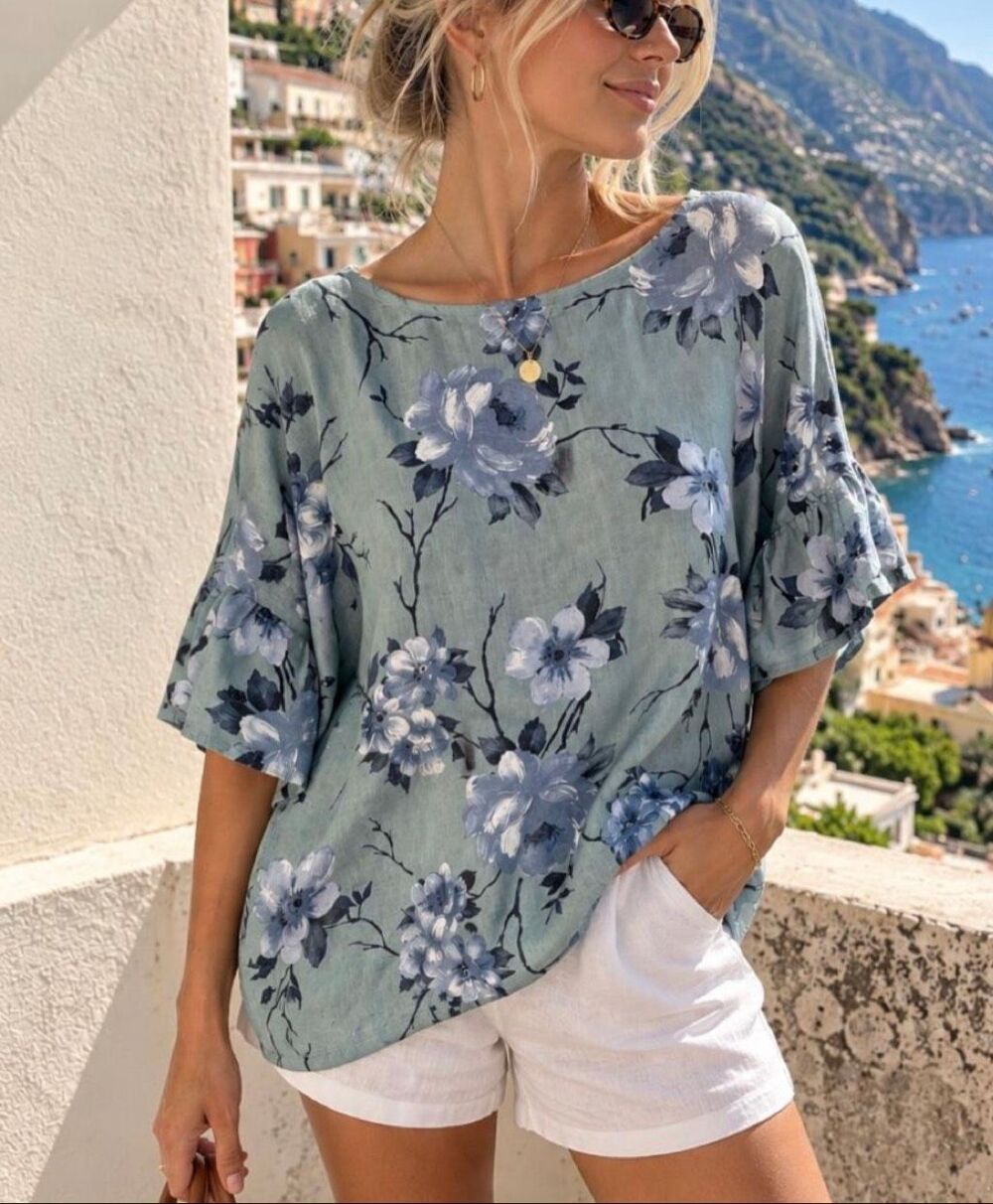 Viola Borghi blue linen floral ruffle sleeve top size small